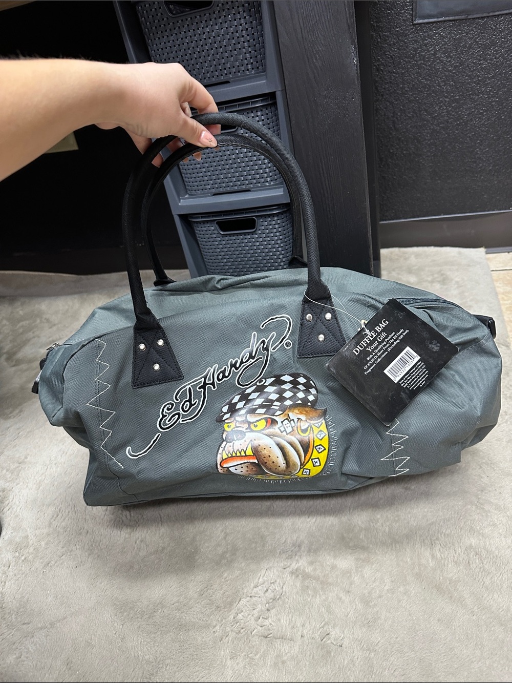 Ed Hardy NWT Grey Graphic Duffle Bag With Black Accents